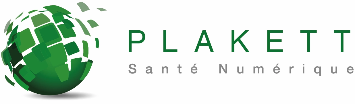 Logo text de Plakett Santé Numérique avec une sphère verte se séparant en carrés et flottant au loin